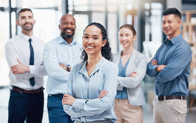 Buy stock photo Smile, group of business people in portrait with woman boss, confidence and pride at project management company. Teamwork, commitment and vision, happy team with arms crossed in coworking start up.