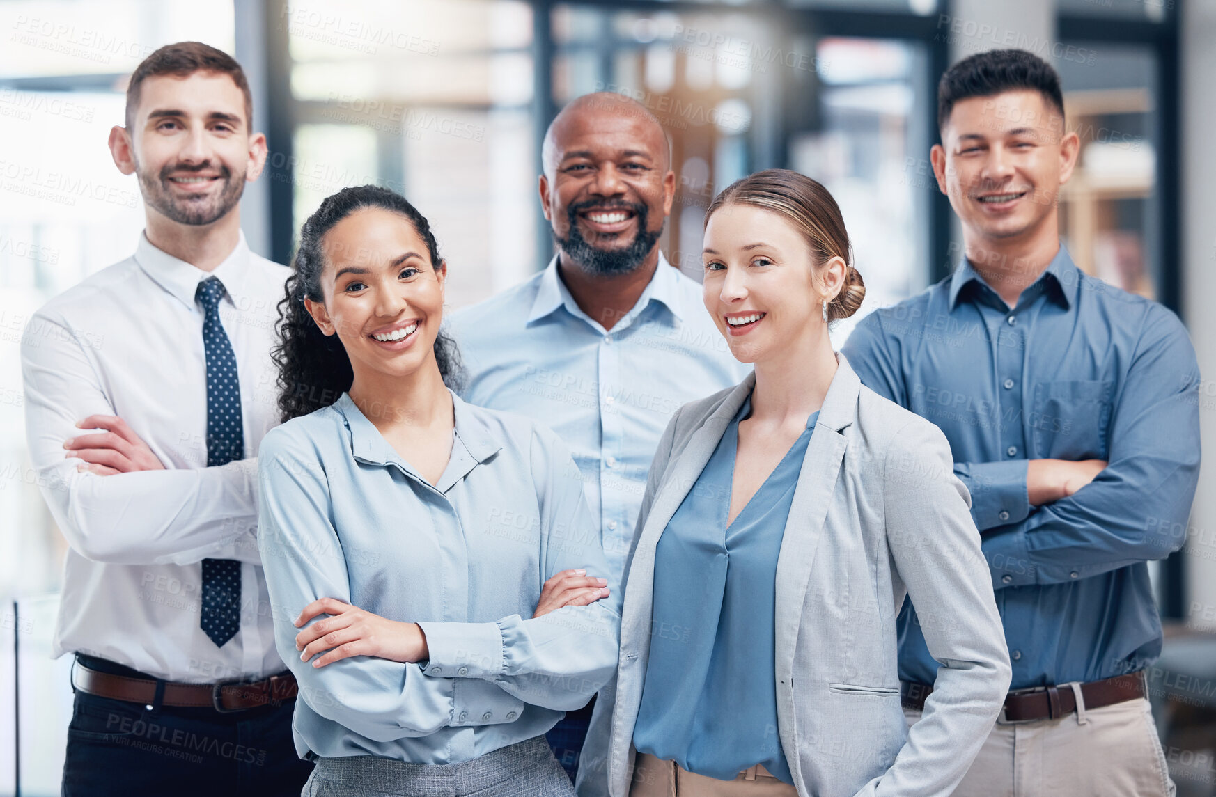 Buy stock photo Portrait, group and business people with collaboration, teamwork and project with happiness. Face, coworkers and men with women, diversity and solidarity with executive team, arms crossed and smile