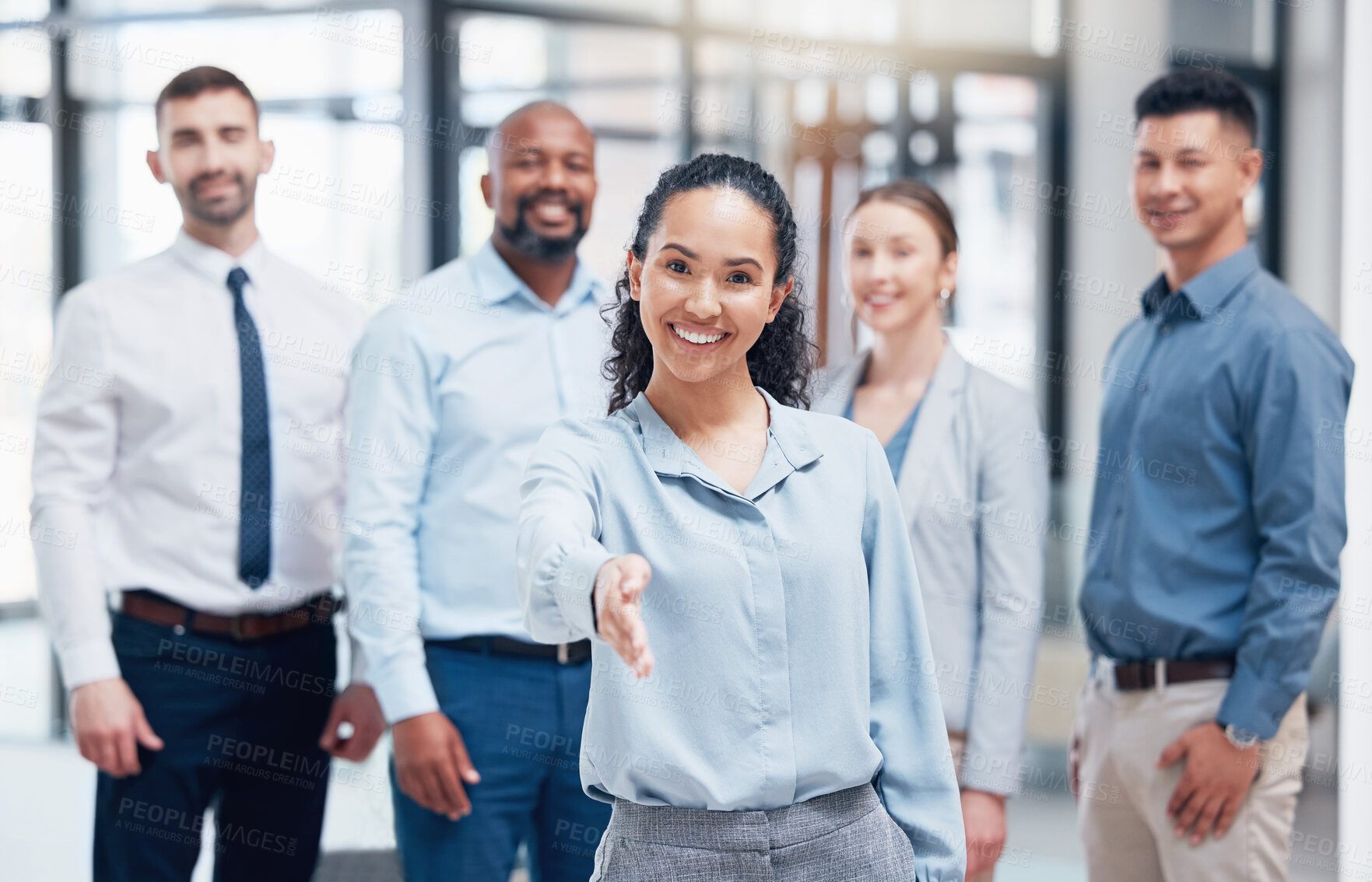 Buy stock photo Portrait, handshake and business people with recruitment, hiring and onboarding in modern office. Face, group and employees with teamwork, cooperation and agreement with partnership and thank you 