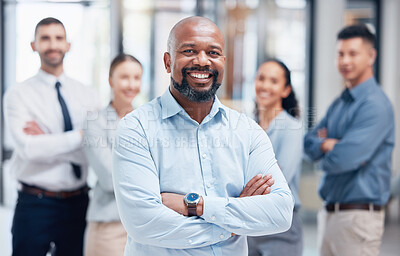 Buy stock photo Smile, business people in portrait with black man and confidence at project management company. Teamwork, commitment and vision, happy team with manager and arms crossed in corporate startup office.