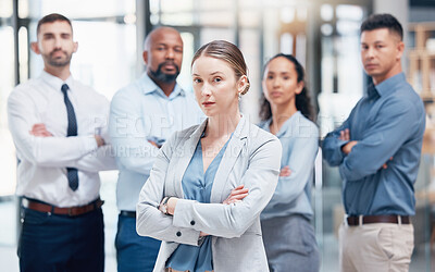 Buy stock photo Woman in leadership, group of business people in portrait at startup with confidence and pride at HR company. Teamwork, commitment and vision, human resources team with arms crossed in startup office
