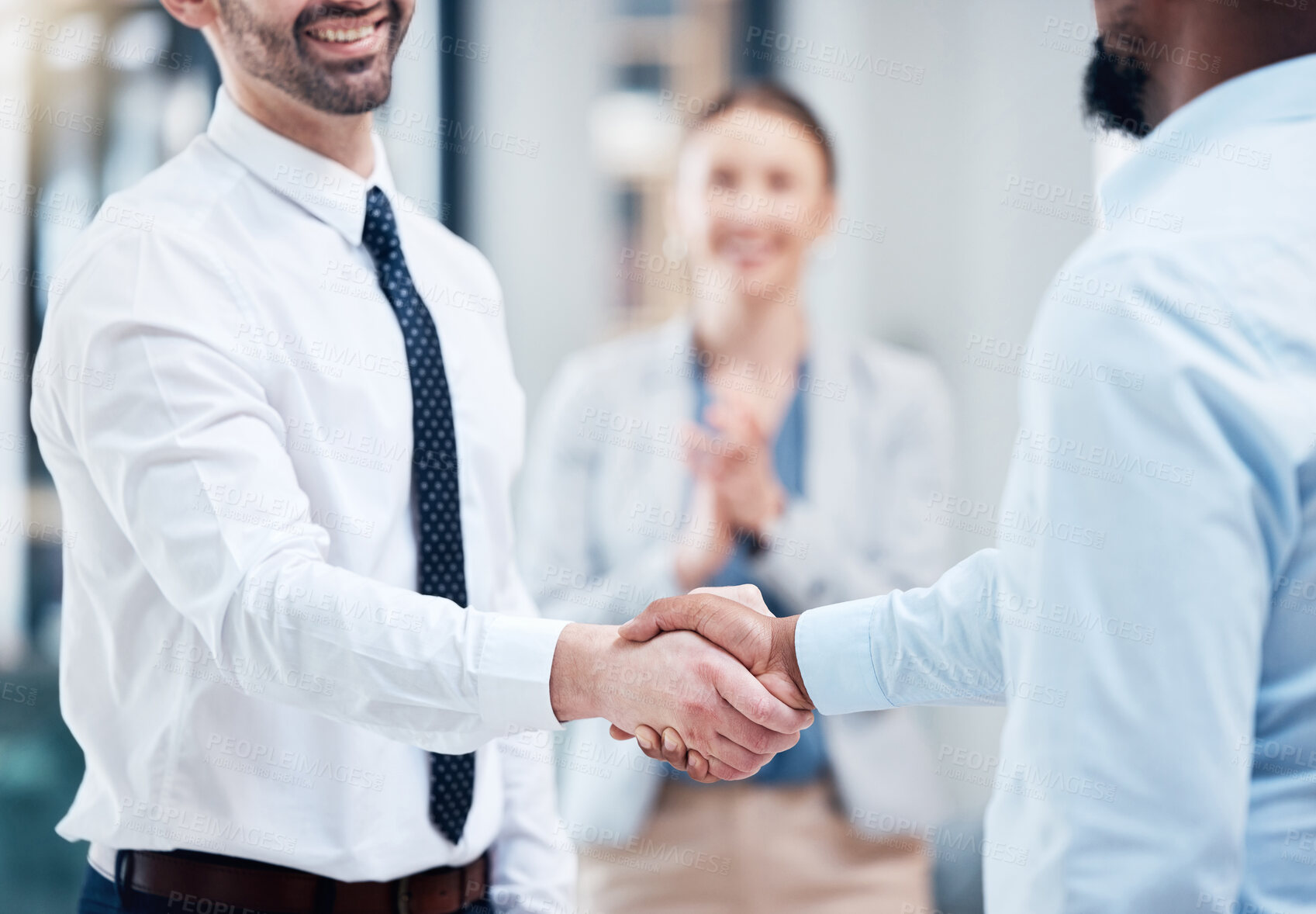 Buy stock photo Business people, promotion and handshake closeup for teamwork, investment or b2b deal agreement. Meeting, executive director and entrepreneur greeting investor for collaboration, support or funding