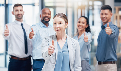 Buy stock photo Thumbs up, business people in portrait with woman boss at startup with confidence and pride at law firm. Teamwork, commitment and vision for happy legal team with yes hand sign in startup office.