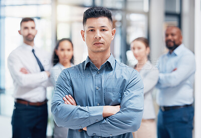 Buy stock photo Leadership, business people in portrait arms crossed at startup with confidence and pride at management company. Teamwork, commitment and vision for confident team with support and leader in office.