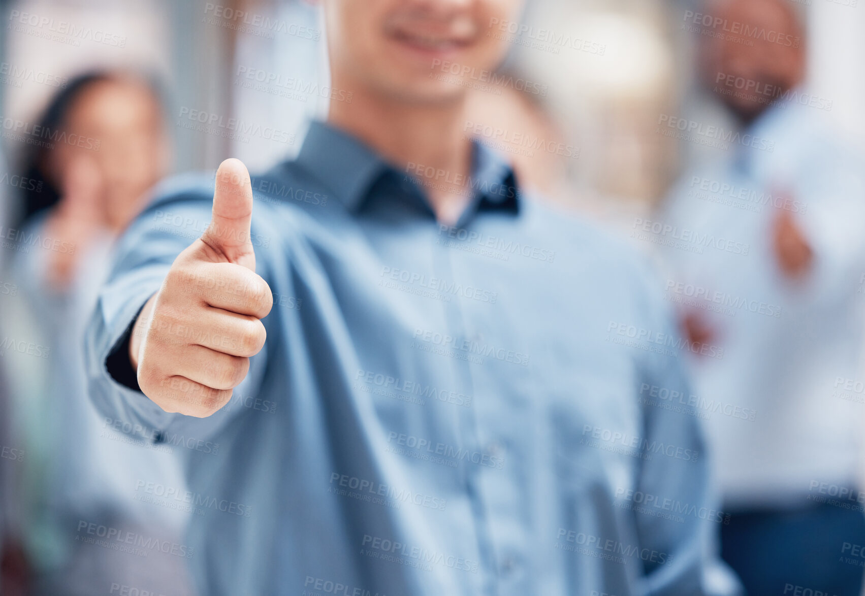 Buy stock photo Business, employee and hand with thumbs up for approval or agreement for teamwork and collaboration. Employees, smile and support with team building for partnership on project, trust and thank you