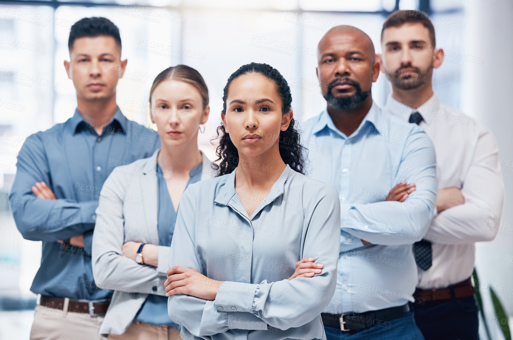 Buy stock photo Confident group of business people in portrait with arms crossed, confidence and pride at HR company. Teamwork, commitment and diversity, vision team with woman leadership in human resources office.