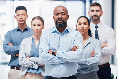 Buy stock photo Diversity, group of business people in portrait with arms crossed at startup with confidence and pride. Teamwork, commitment and vision for confident lawyer team with winning mindset in legal office.