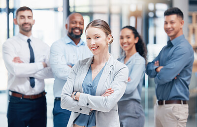Buy stock photo Smile, business people in portrait with woman leader, confidence and pride at project management company. Teamwork, commitment and vision for happy team with boss and arms crossed in coworking office