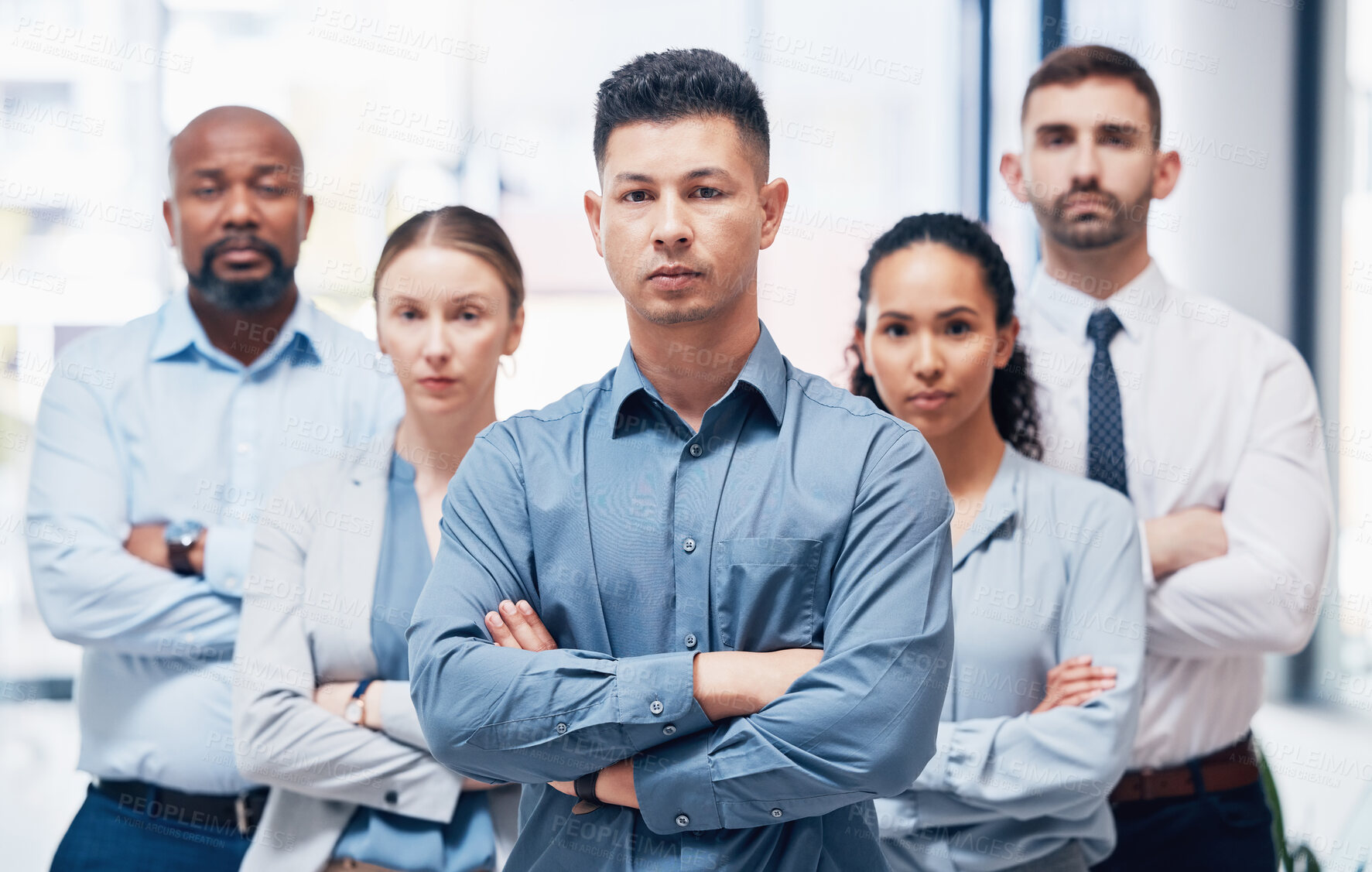 Buy stock photo Arms crossed, group of business people in portrait at startup with confidence and pride at project management company. Teamwork, commitment and vision team with leadership mindset in office together.