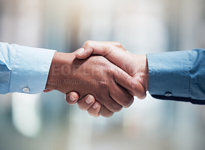 Buy stock photo Thank you, businesspeople shaking hands and at office of their workplace together. Partnership or agreement, crm or interview and professional people with a handshake for greeting at their work