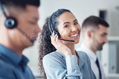 Buy stock photo Woman, callcenter with headset, happy in portrait with CRM, communication with technology and contact us. Customer service, telemarketing or tech support, female consultant with smile and help desk 