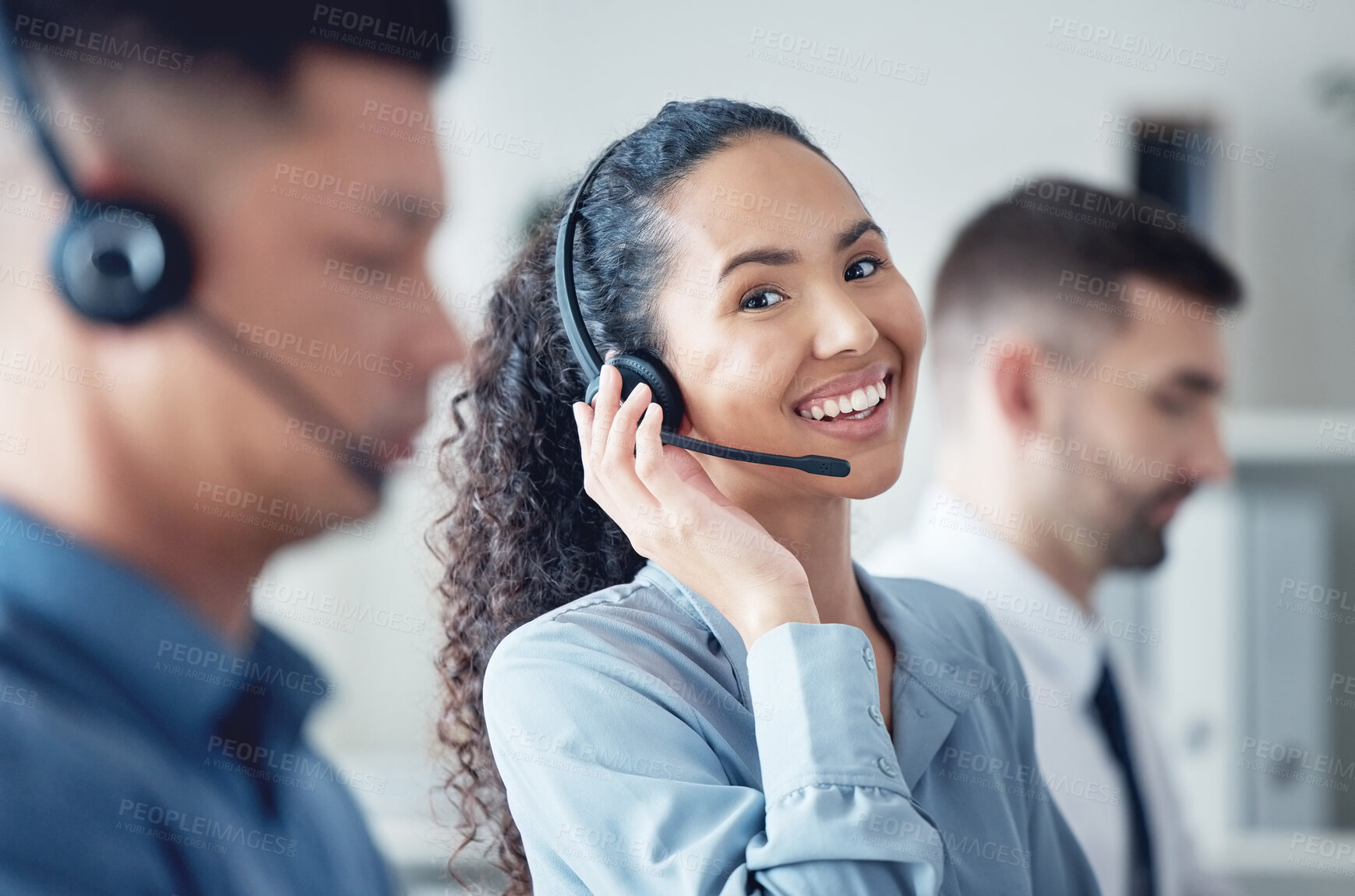 Buy stock photo Woman, callcenter with headset, happy in portrait with CRM, communication with technology and contact us. Customer service, telemarketing or tech support, female consultant with smile and help desk 