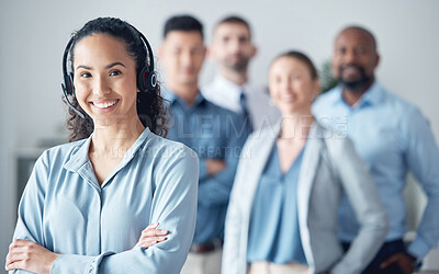Buy stock photo Woman, callcenter and contact us, smile in portrait with leadership and communication, headset and mockup space. Customer service, CRM and help desk with happy female consultant and team leader