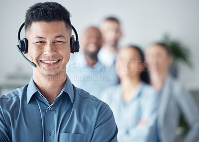 Buy stock photo Man, callcenter and contact us, smile in portrait with leadership and communication, headset and mockup space. Customer service or telemarketing, CRM and help desk, happy male agent and team leader