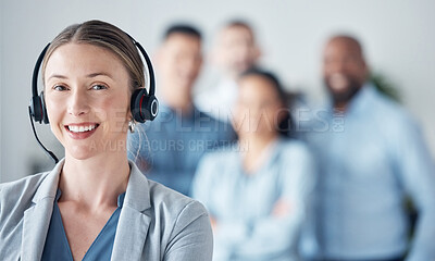 Buy stock photo Woman, callcenter and customer service, smile in portrait with leadership and communication, headset and mockup space. Contact us, CRM and help desk with happy female consultant and team leader