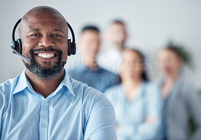 Buy stock photo Black man, callcenter and customer service, smile in portrait with leadership and communication, headset and mockup space. Contact us, CRM and help desk with happy male consultant and team leader