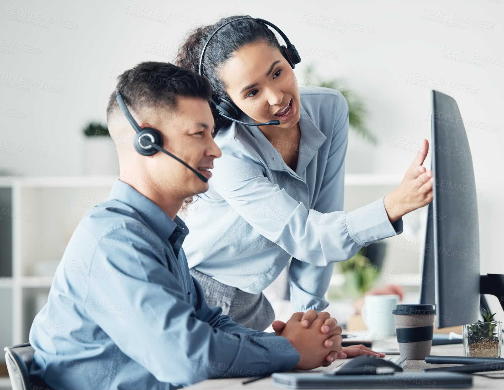 Buy stock photo Helping, call center and people with smile, computer and woman with info for man, online and conversation. Desk, customer service and research of question and headset for telemarketing with help