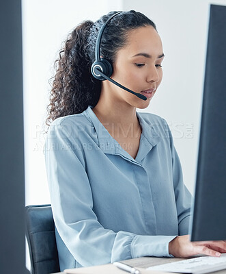 Buy stock photo Woman, callcenter and phone call with CRM and headset, communication, technology and working at computer. Customer service, telemarketing or tech support with female consultant and help desk worker