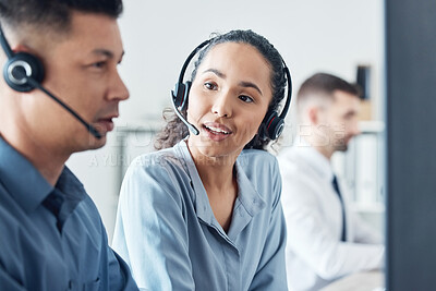 Buy stock photo Talking, call center and people in office, headset and man with colleagues, coworking and conversation. Desk, online and research for question, inquiry and customer service, group and telemarketing