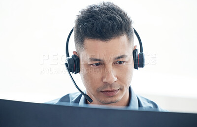 Buy stock photo Man, face with callcenter and phone call, CRM and headset for communication, technology and contact us. Customer service, telemarketing or tech support with male consultant and help desk worker