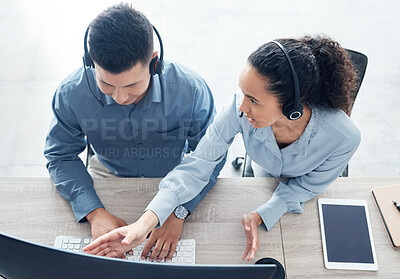 Buy stock photo Pointing, customer service and people with teamwork, computer and woman with help for man, above and conversation. Desk, online and research for question, inquiry and call center and telemarketing