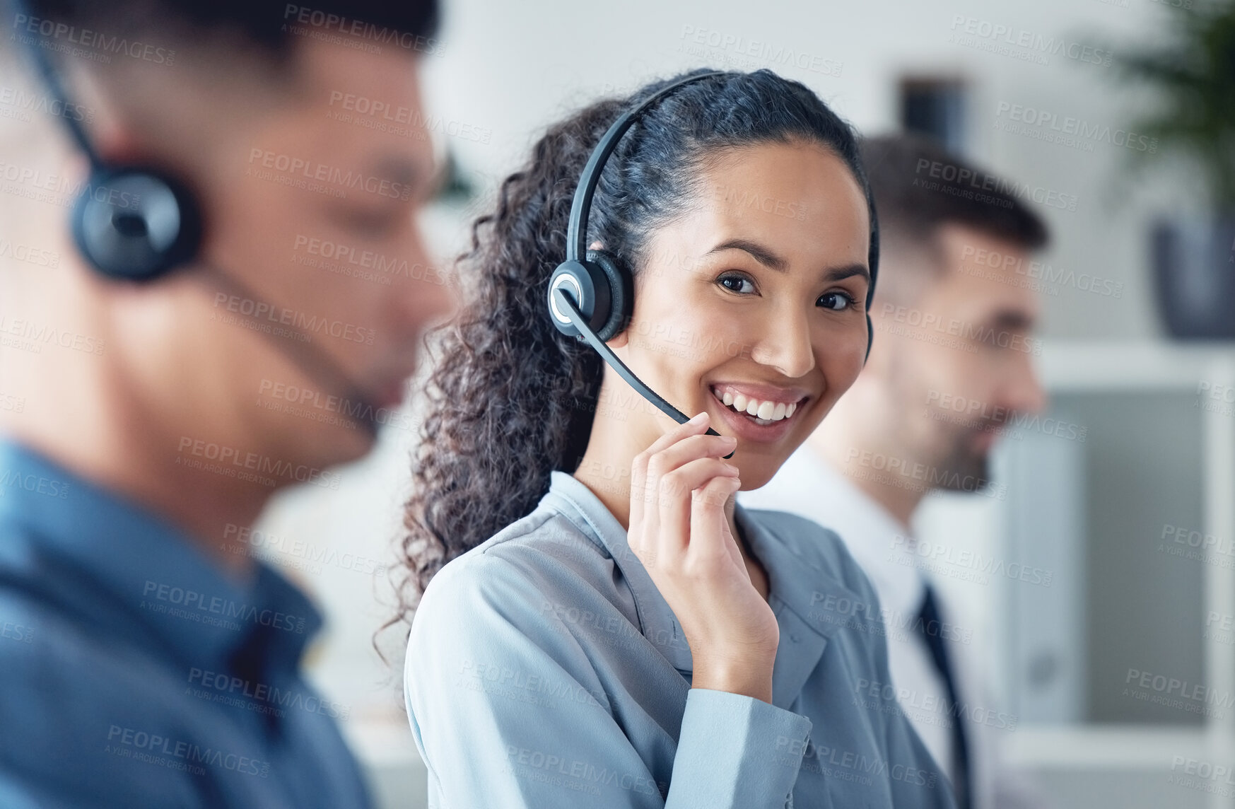 Buy stock photo Woman, callcenter and headset, smile in portrait and CRM, communication with technology and contact us. Customer service, telemarketing or tech support with happy female consultant and help desk 