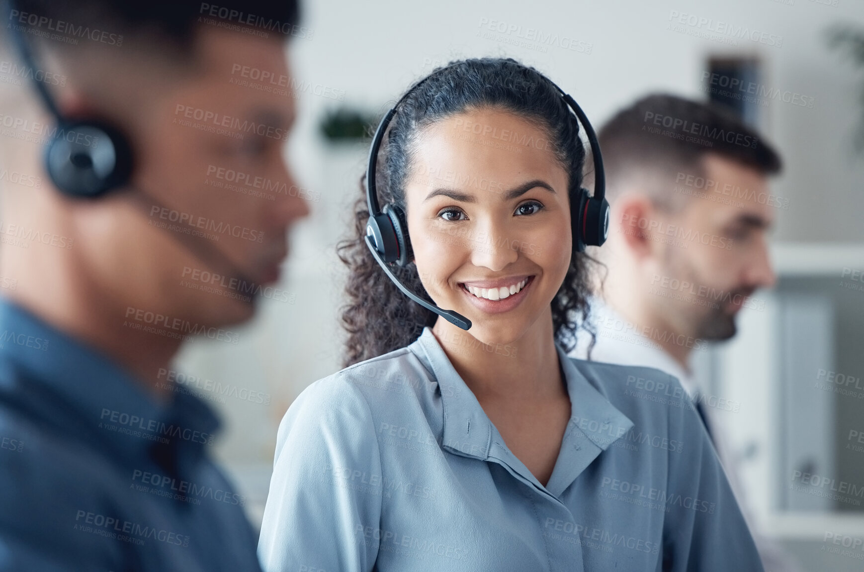 Buy stock photo Woman in portrait, callcenter and headset with CRM, communication with technology and contact us. Customer service, telemarketing or tech support, happy female consultant with smile and help desk 