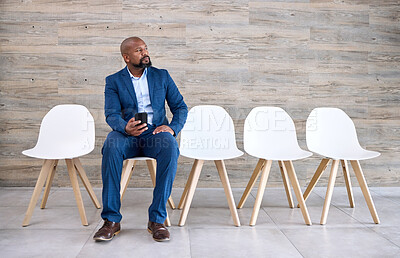 Buy stock photo Waiting, business and black man with cellphone, typing and social media with connection, hiring and recruitment. Onboarding, African person and professional with smartphone, mobile user and thinking