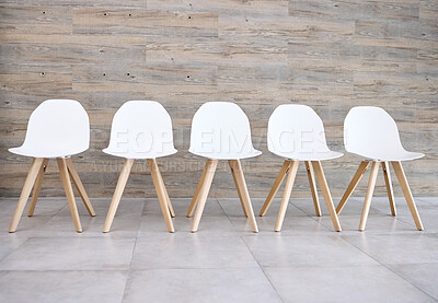 Buy stock photo Empty, waiting room and chairs in row for interview with human resources, onboarding and talent acquisition in office. Lobby interior, line and seat for recruitment, advertising job and opportunity