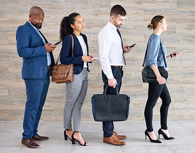 Buy stock photo Hiring, queue and row of people with interview, discussion and notes in book, laptop or tablet. Recruitment, diversity and candidate group ready with smile, work opportunity and line up for vacancy