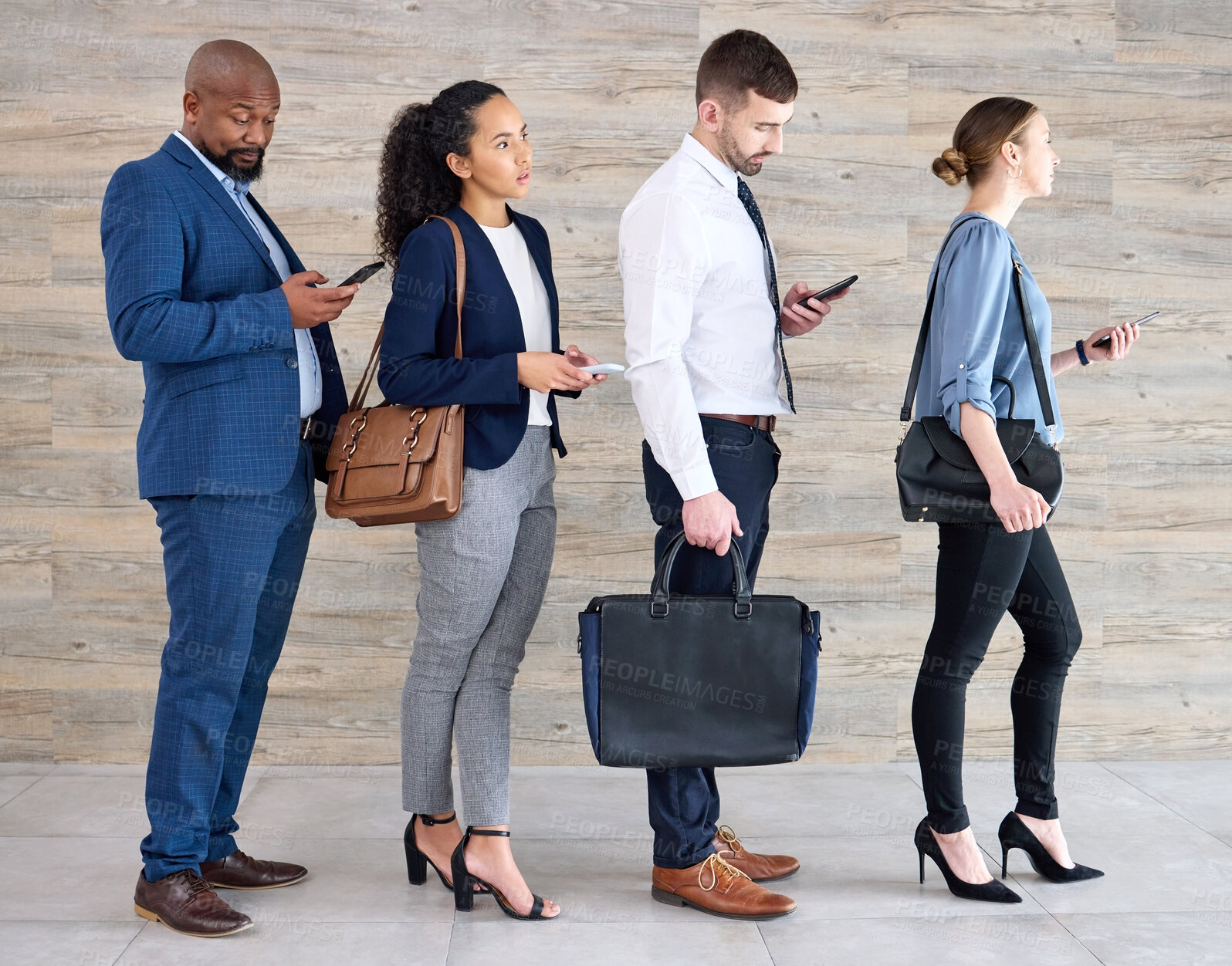 Buy stock photo Hiring, queue and row of people with interview, discussion and notes in book, laptop or tablet. Recruitment, diversity and candidate group ready with smile, work opportunity and line up for vacancy