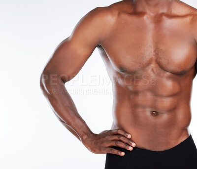 Buy stock photo Black man, shirtless and muscular with abs, fitness and wellness on white studio background. African person, healthy guy and model with beauty, torso and stomach with confidence, macho or bodybuilder