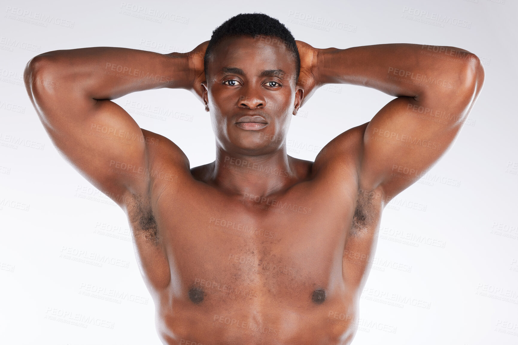 Buy stock photo Portrait, chest or black man flexing in studio for muscle growth, health or wellness on white background. Proud bodybuilder, topless or strong African athlete ready for training or fitness workout