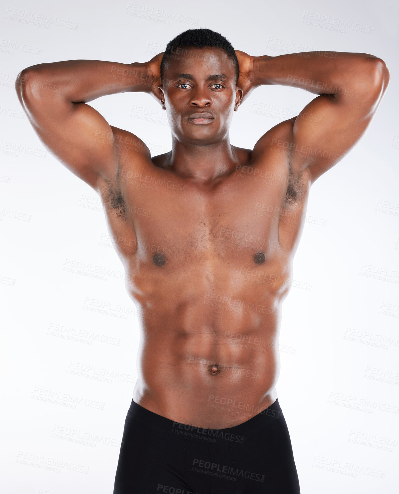 Buy stock photo Portrait, topless athlete or black man flexing in studio for muscle growth, health or six pack on white background. Bodybuilder, body and strong African person ready for training or fitness workout