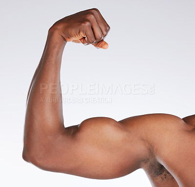 Buy stock photo Studio, black man and flex with bicep for fitness, muscular and strong power with pride for results. Male model, arm strength and bodybuilder in white background for training, exercise and body goals