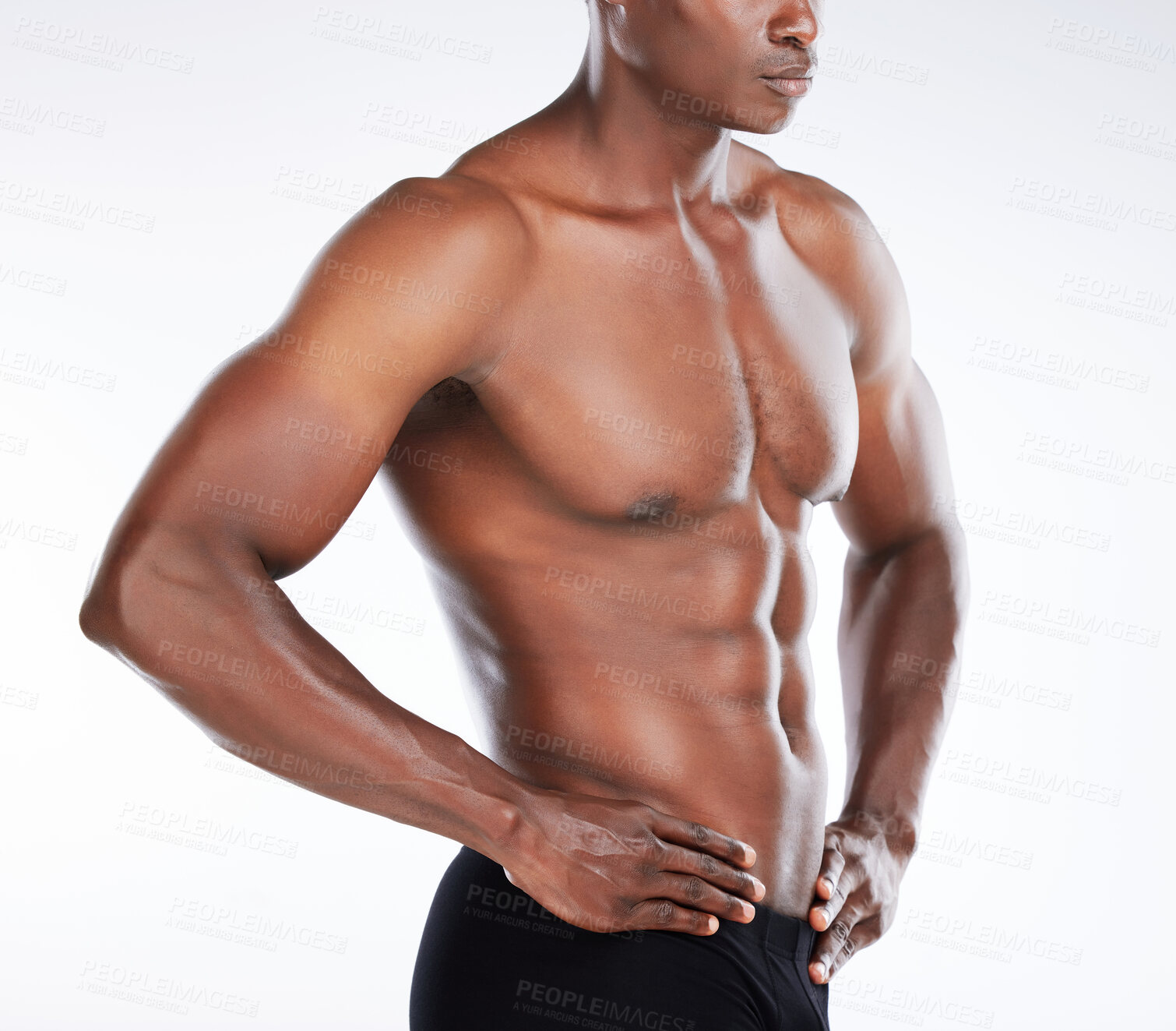 Buy stock photo Body, topless athlete or black man with muscle in studio for health, chest or six pack on white background. Bodybuilder, abs or strong African person ready for training performance or fitness workout