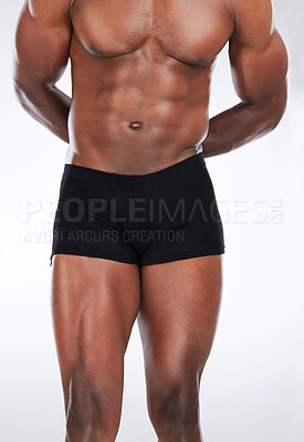 Buy stock photo Closeup, topless athlete or black man with muscle in studio for health or gym on white background. Bodybuilder, model or African person ready for training performance, strong power or fitness workout