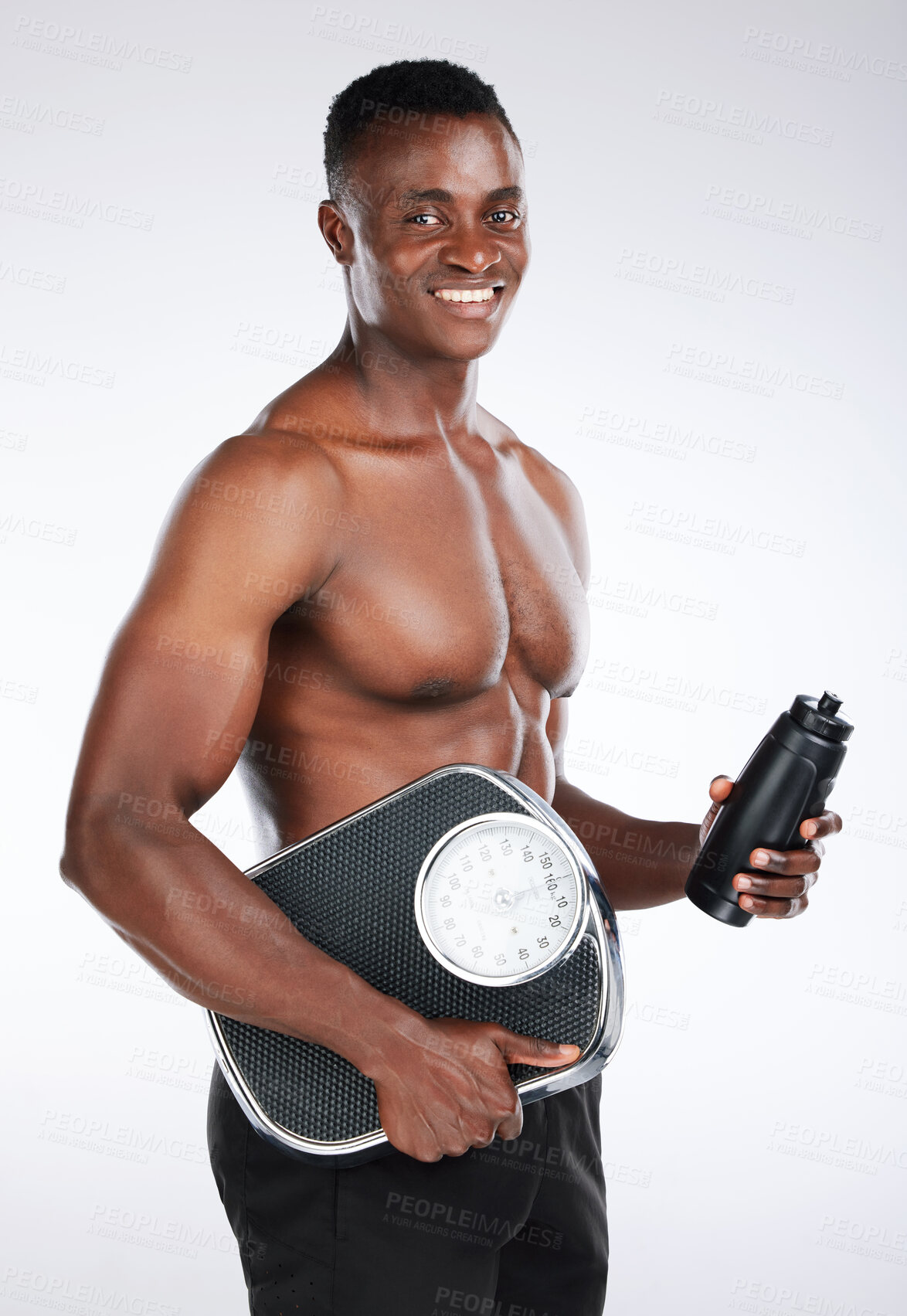 Buy stock photo Happy, portrait and black man with scale in fitness for weight loss, diet or nutrition in studio on a white background. Muscular African, male person or model with smile, bottle or measuring for BMI