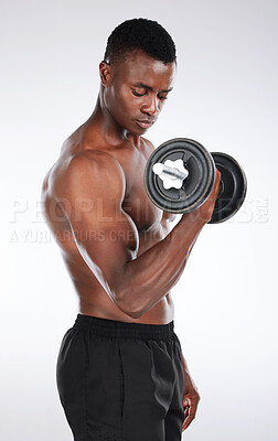 Buy stock photo Studio, black man and workout with dumbbell for bicep, strong arm and muscle power with fitness. Bodybuilder, training and exercise with weight lifting, heavy equipment and pride by white background