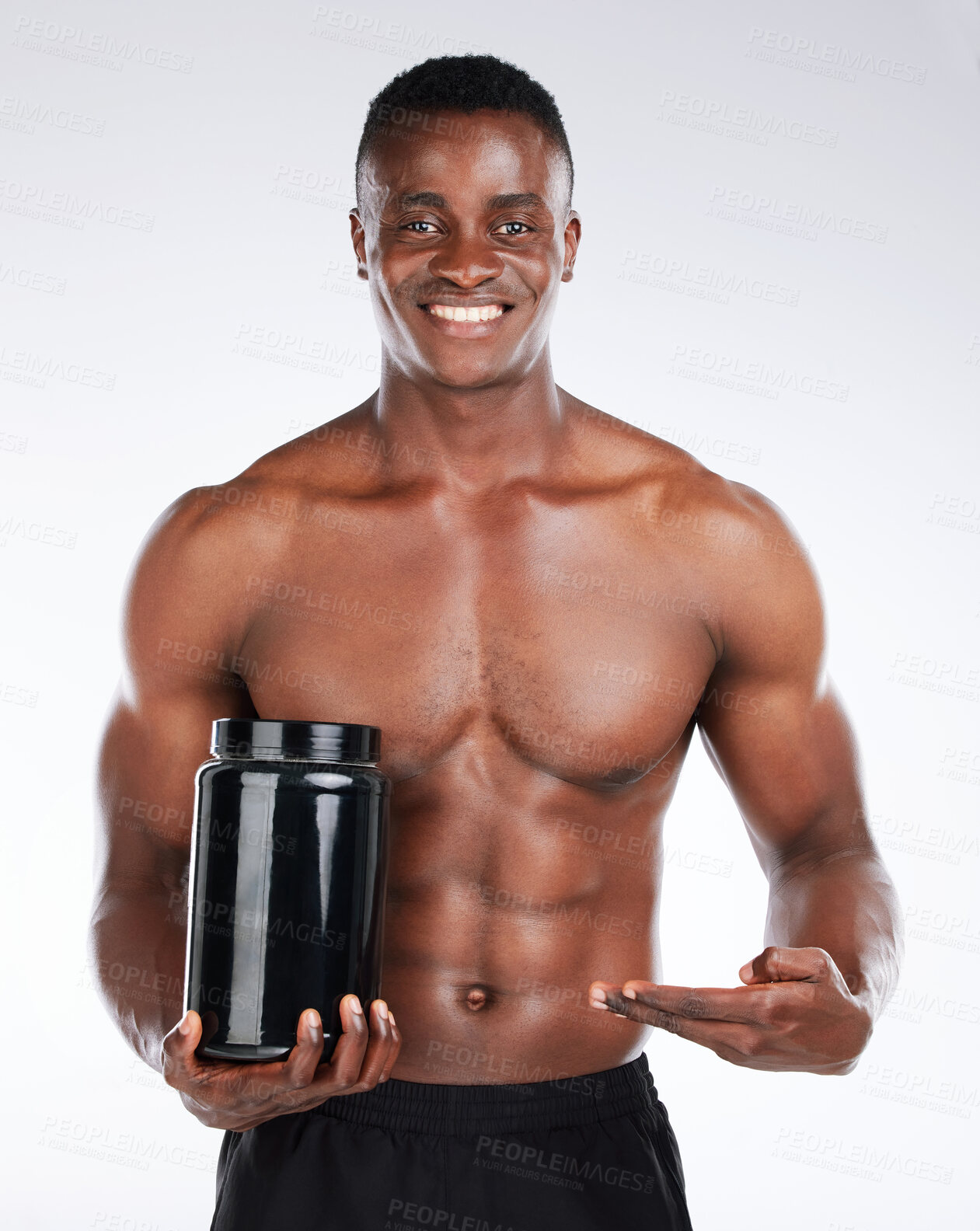 Buy stock photo Portrait, whey protein and black man with fitness, training and wellness on white studio background. African person, supplement or athlete with exercise, health or promotion with container or powder