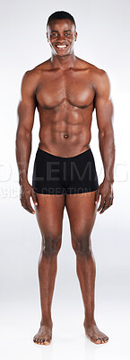 Buy stock photo Portrait, athlete or happy black man in studio for muscle growth, health or wellness on white background. Topless bodybuilder, body and strong African person ready for training or fitness workout