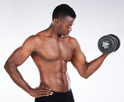 Buy stock photo Studio, black man and fitness with dumbbell for bicep, strong arm and muscle power with workout. Bodybuilder, training and exercise with weight lifting, heavy equipment and pride by white background