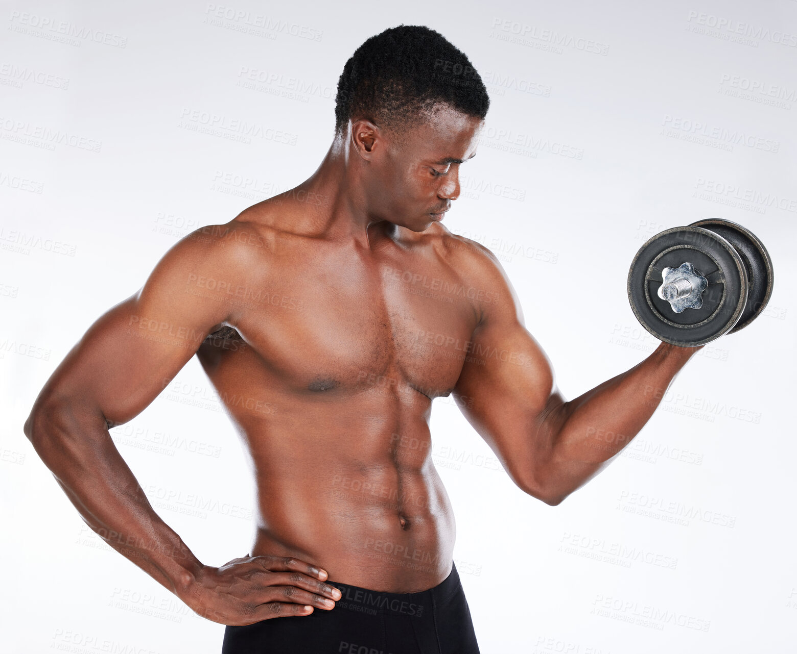 Buy stock photo Studio, black man and fitness with dumbbell for bicep, strong arm and muscle power with workout. Bodybuilder, training and exercise with weight lifting, heavy equipment and pride by white background