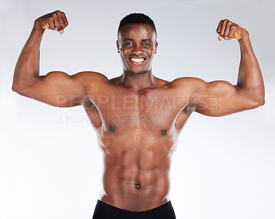 Buy stock photo Studio, black man and flex in portrait for fitness, bicep and strong muscle with pride for results. Male model, arm strength and bodybuilder in white background for training, exercise and body goals