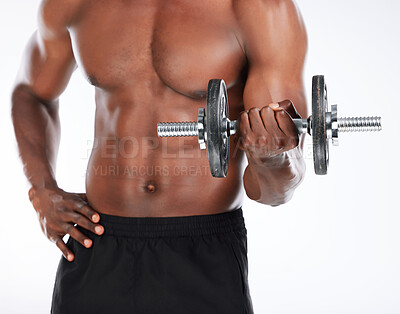 Buy stock photo Black man, hands and weightlifting with dumbbell for fitness, workout or arm exercise in studio on a white background. Closeup of muscular African, male person or model with weight for bicep curl