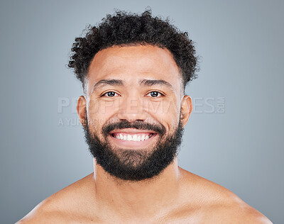 Buy stock photo Portrait, happy man and skincare in studio for dermatology, pride and glow from grooming. Male model, wellness and shine or facial by gray background for treatment, results and routine for face