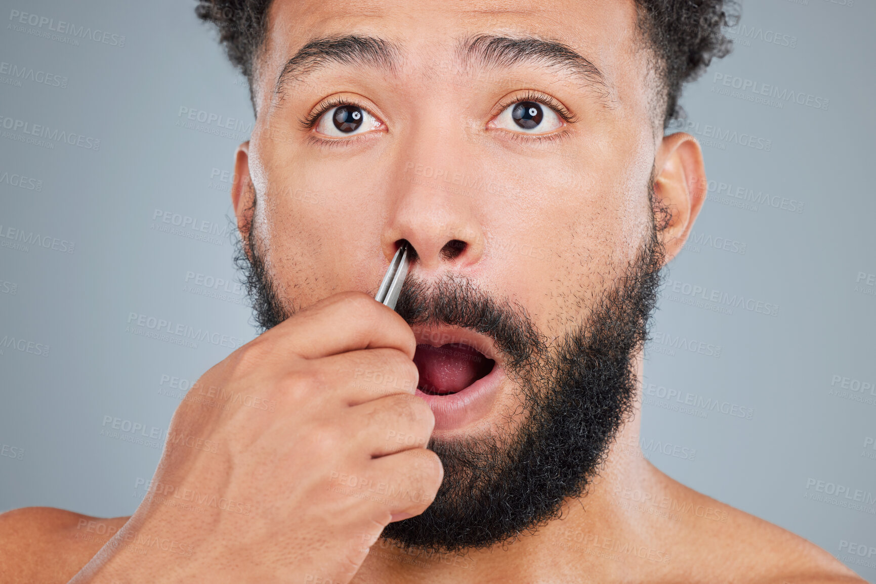 Buy stock photo Man, portrait and tweezers by nose in studio for grooming, hair removal and hygiene or skincare. Male person, cosmetic tool and product for facial epilation, gray background and wellness routine.