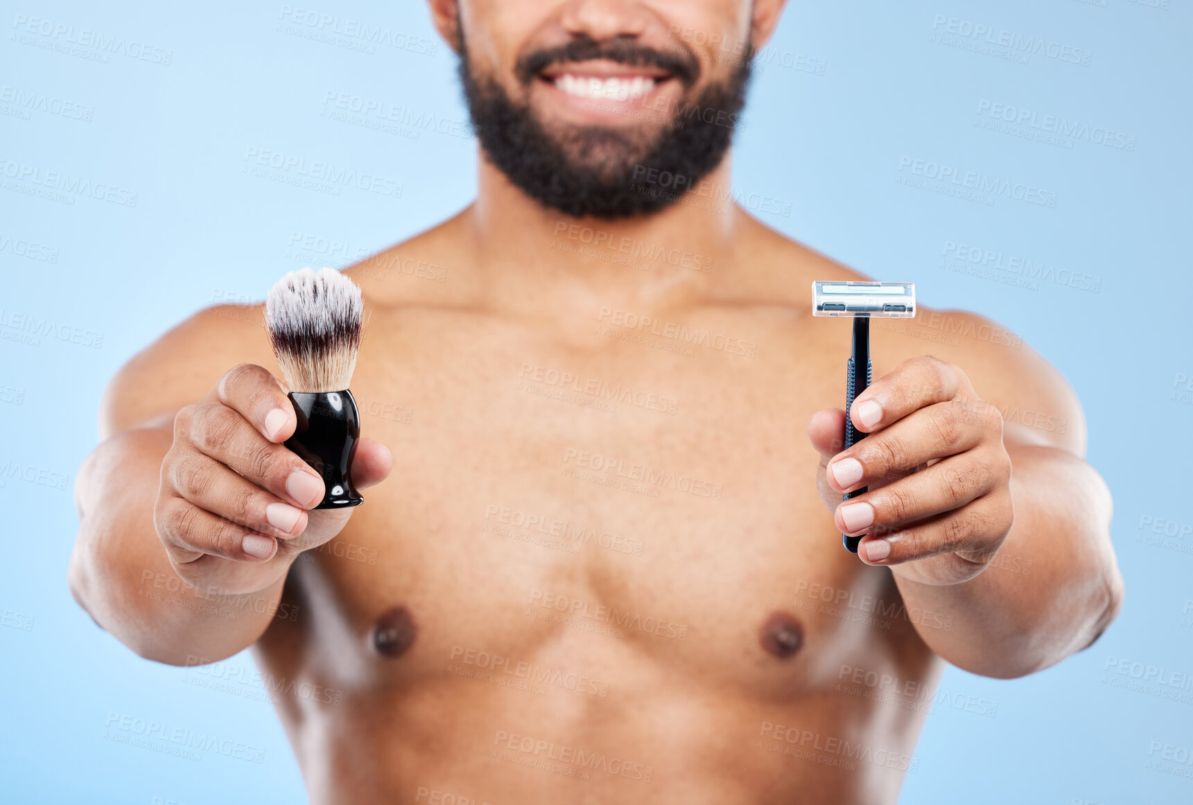 Buy stock photo Shaving tools, hands or body of man in studio for grooming, ready or smile in morning. Male person, happy or brush with razor for hair removal, epilation or routine trim on blue background or topless