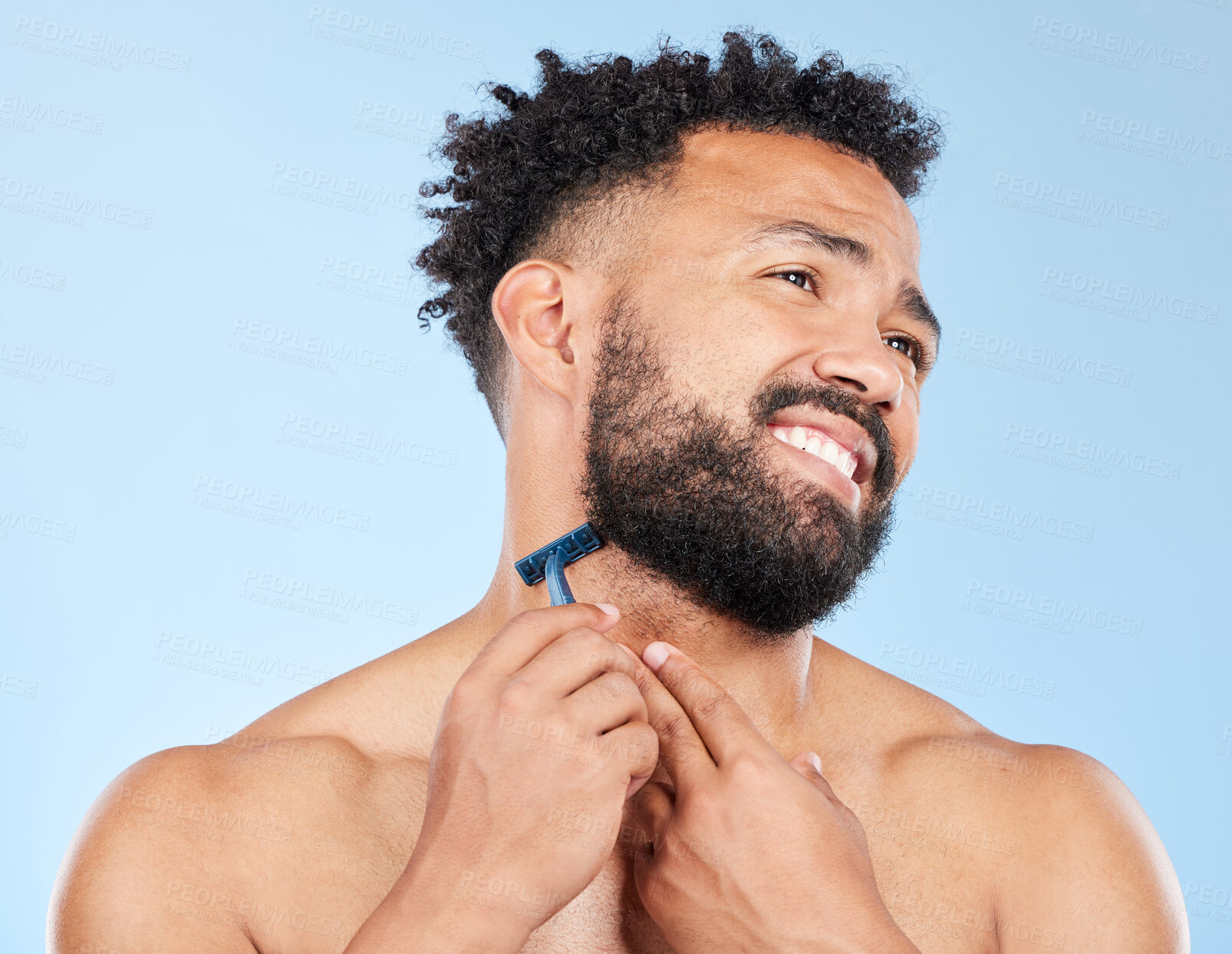 Buy stock photo Man, razor and pain for shaving in studio with grooming, accident and facial transformation fail. Male person, blade tool and injury from hair removal, skin irritation and problem on blue background