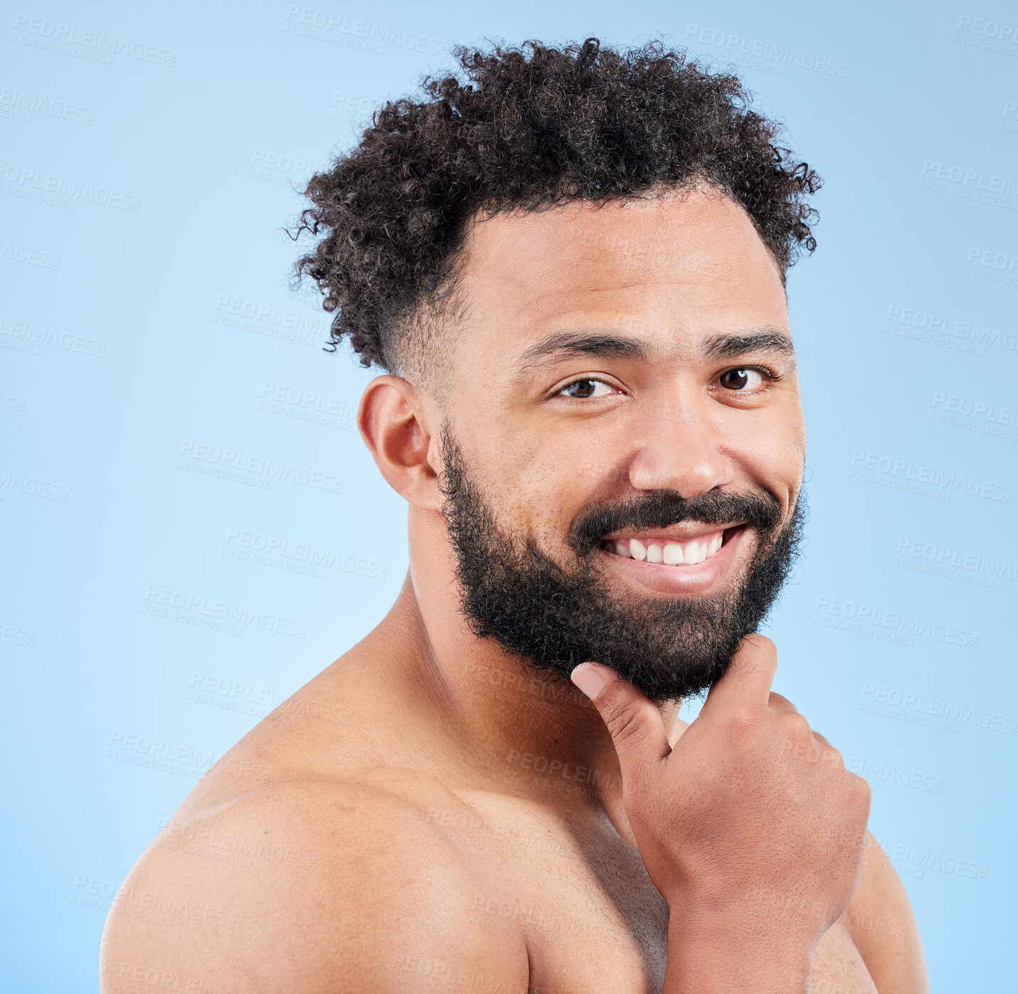 Buy stock photo Portrait, black man and thinking of skincare in studio with dermatology, pride and glow for grooming. Male model, wellness and hand on beard by blue background for treatment, results and facial